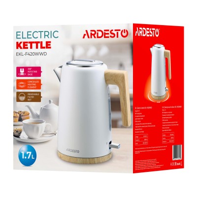 Електрочайник Ardesto EKL-F420WWD, 1.7л, метал, мат, Strix, білий