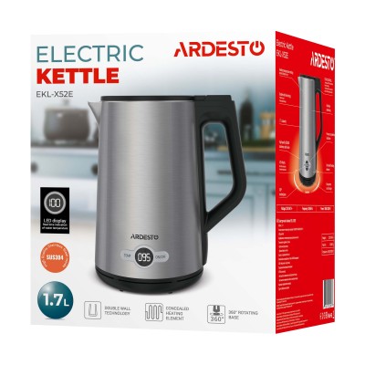 Електрочайник Ardesto Steel Collection 1.7л, Strix, LED дисплей, подвійні стінки, сріблястий (EKL-X52E)