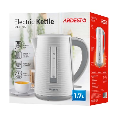 Електрочайник Ardesto White stripes 1.7л, Strix, пластик, біло-сірий (EKL-F17WG)