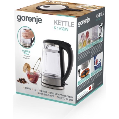 Електрочайник Gorenje 1.7л, 2,200 Вт, strix контроль, скло, чорний (K17GDW)