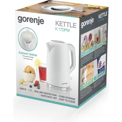 Електрочайник Gorenje 1.7л, Strix-контроль, білий матовий (K17DPW)