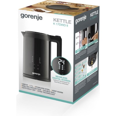 Електрочайник Gorenje 1.7л, подвійні стінки, LED дисплей, Strix контроль, чорний (K17DWDII)