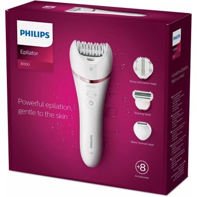 Епілятор Philips 8000 series дисковий, акумул., пінцет.-32, волог.+сух., насадок-7, футляр, білий (BRE735/00)