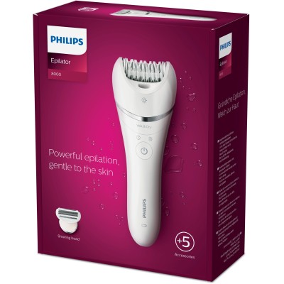 Епілятор Philips 8000 series дисковий, акумуляторний , пінцет.-32, волог.+сух., насадок-4, з підсвіткою, білий (BRE710/00)