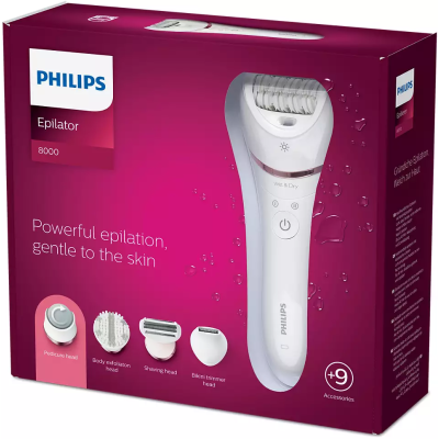 Епілятор Philips 8000 series дисковий, акумуляторний , пінцет.-32, волог.+сух., насадок-8, з підсвіткою, білий (BRE740/10)