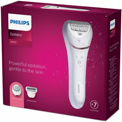Епілятор Philips Epilator Series 8000 дисковий, акумуляторний , пінцет.-32, волог.+сух., насадок-5, біло-рожевий (BRE730/10)