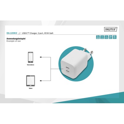 Зарядний пристрій DIGITUS 2хUSB-C, 65W, GaN
