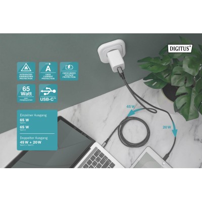Зарядний пристрій DIGITUS 2хUSB-C, 65W, GaN