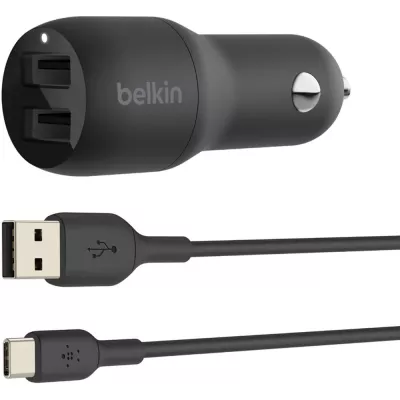 Зарядний пристрій автомобільний Belkin 24Вт 2хUSB-A, кабель USB-A > USB-C, 1м, чорний (CCE001BT1MBK)