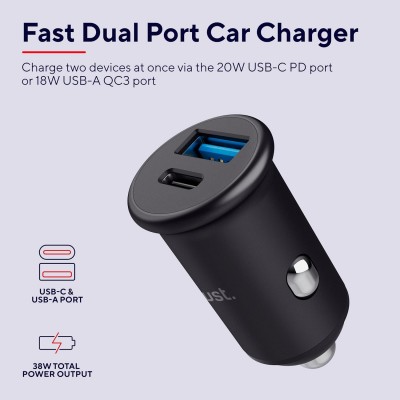 Зарядний пристрій автомобільний Trust 38Вт USB-A/USB-C PD, QC, чорний Зарядний пристрій автомобільний Trust 38Вт USB-A/USB-C PD, QC, чорний