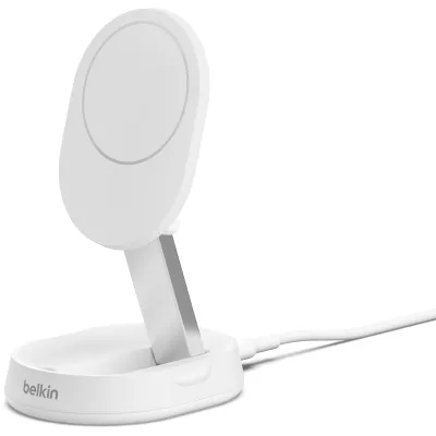 Зарядний пристрій бездротовий Belkin 15Вт Magnetic Stand Qi2, адаптер 20Вт USB-C, білий (WIA008VFWH)