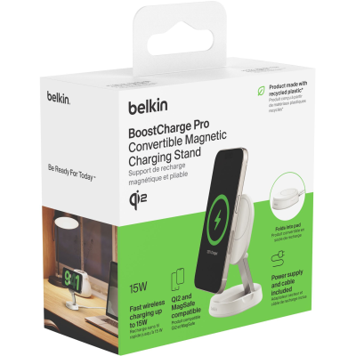 Зарядний пристрій бездротовий Belkin 15Вт Magnetic Stand Qi2, адаптер 20Вт USB-C, білий (WIA008VFWH)