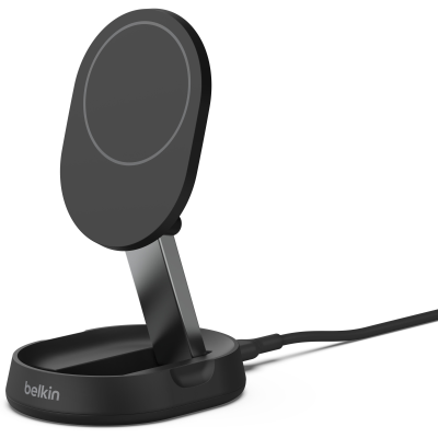Зарядний пристрій бездротовий Belkin 15Вт Magnetic Stand Qi2, адаптер 20Вт USB-C, чорний (WIA008VFBK)
