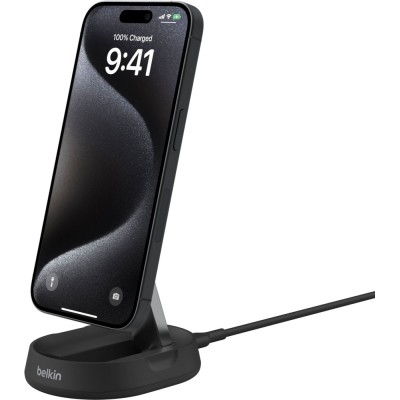 Зарядний пристрій бездротовий Belkin 15Вт Magnetic Stand Qi2, адаптер 20Вт USB-C, чорний (WIA008VFBK)