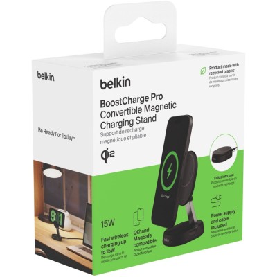Зарядний пристрій бездротовий Belkin 15Вт Magnetic Stand Qi2, адаптер 20Вт USB-C, чорний (WIA008VFBK)