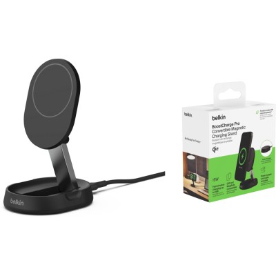 Зарядний пристрій бездротовий Belkin 15Вт Magnetic Stand Qi2, адаптер 20Вт USB-C, чорний (WIA008VFBK)