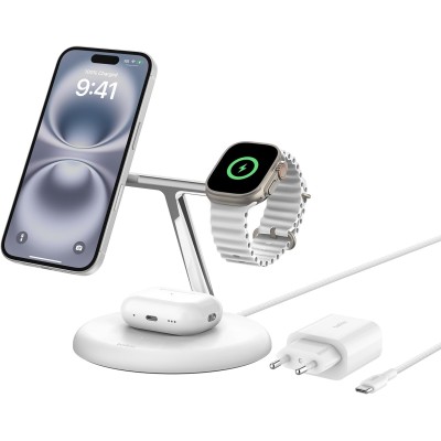 Зарядний пристрій бездротовий Belkin 3в1 Magnetic Adjustable Pad Qi2 15Вт, білий (WIZ023VFWH)