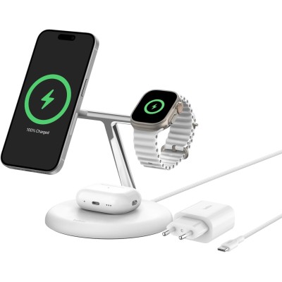 Зарядний пристрій бездротовий Belkin 3в1 Magnetic Adjustable Pad Qi2 15Вт, білий (WIZ023VFWH)