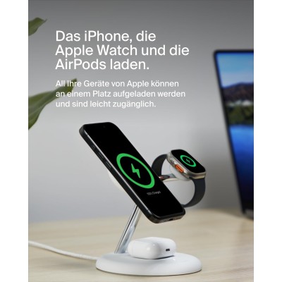 Зарядний пристрій бездротовий Belkin 3в1 Magnetic Adjustable Pad Qi2 15Вт, білий (WIZ023VFWH)