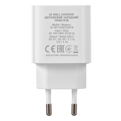 Зарядний пристрій мережевий 2E 25Вт USB-C PD, білий (2E-WC1USBC25W-W)