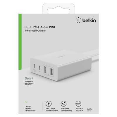 Зарядний пристрій мережевий Belkin 108Вт 2хUSB-С GAN PD PPS/2хUSB-A, білий (WCH010VFWH)