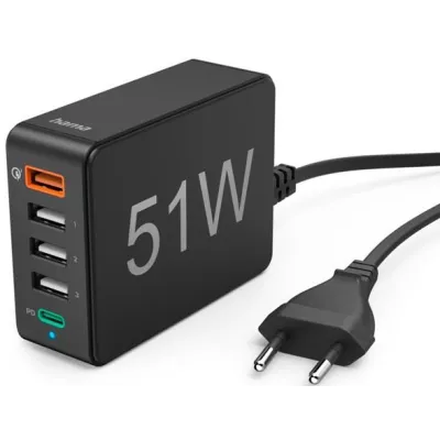 Зарядний пристрій мережевий Hama 51Вт 4хUSB-А/1хUSB-С, PD/QC, чорний