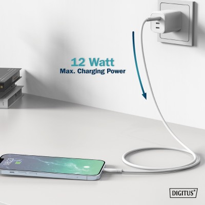 Кабель DIGITUS USB-A > Lightning заряджання/синхронізації, USB 2.0, 12W, силіконовий, 2м, білий (AK-600108-020-W)