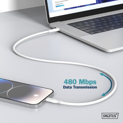 Кабель DIGITUS USB-A > Lightning заряджання/синхронізації, USB 2.0, 12W, силіконовий, 2м, білий (AK-600108-020-W)