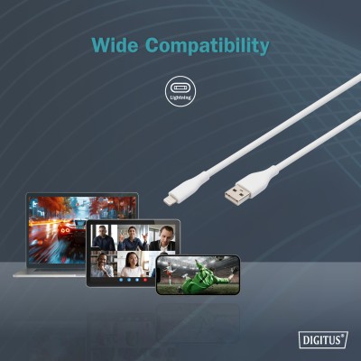 Кабель DIGITUS USB-A > Lightning заряджання/синхронізації, USB 2.0, 12W, силіконовий, 2м, білий (AK-600108-020-W)