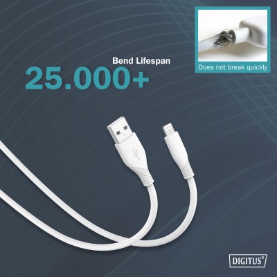 Кабель DIGITUS USB-A > Lightning заряджання/синхронізації, USB 2.0, 12W, силіконовий, 2м, білий (AK-600108-020-W)