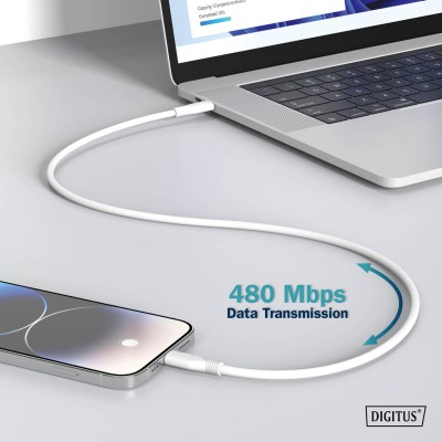 Кабель DIGITUS USB-C > Lightning заряджання/синхронізації, USB 2.0, 60W, силіконовий, 1м, білий (AK-600110-010-W)