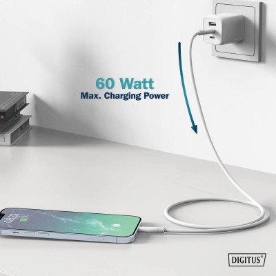 Кабель DIGITUS USB-C > Lightning заряджання/синхронізації, USB 2.0, 60W, силіконовий, 1м, білий (AK-600110-010-W)