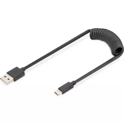 Кабель DIGITUS USB-C > USB-A заряджання/синхронізації, Type-C, спіральний, 1м, чорний (AK-300430-006-S)