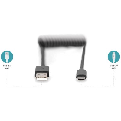 Кабель DIGITUS USB-C > USB-A заряджання/синхронізації, Type-C, спіральний, 1м, чорний (AK-300430-006-S)