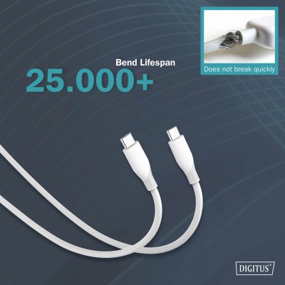 Кабель DIGITUS USB-C > USB-C заряджання/синхронізації, USB 2.0, 60W, силіконовий, 1м, білий (AK-300341-010-W)