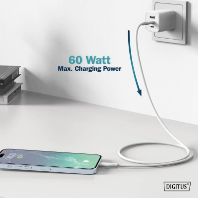 Кабель DIGITUS USB-C > USB-C заряджання/синхронізації, USB 2.0, 60W, силіконовий, 1м, білий (AK-300341-010-W)