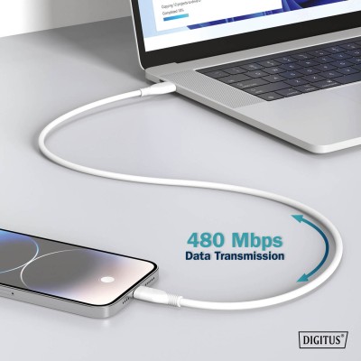 Кабель DIGITUS USB-C > USB-C заряджання/синхронізації, USB 2.0, 60W, силіконовий, 1м, білий (AK-300341-010-W)