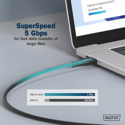 Кабель DIGITUS USB-C заряджання/синхронізації, USB 3.2 Gen 1, 5G, 100W, 4K, силіконовий, 2м, чорний (AK-300342-020-S)