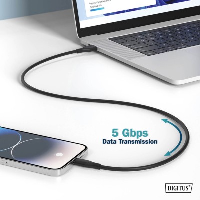 Кабель DIGITUS USB-C заряджання/синхронізації, USB 3.2 Gen 1, 5G, 100W, 4K, силіконовий, 2м, чорний (AK-300342-020-S)