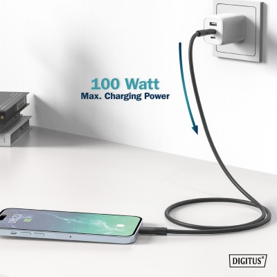 Кабель DIGITUS USB-C заряджання/синхронізації, USB 3.2 Gen 1, 5G, 100W, 4K, силіконовий, 2м, чорний (AK-300342-020-S)