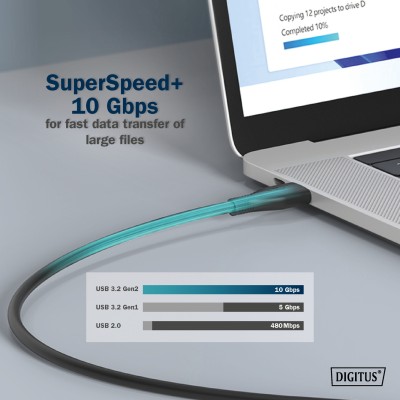 Кабель DIGITUS USB-C заряджання/синхронізації, USB 3.2 Gen 2, 10G, 100W, 4K, силіконовий, 1м, чорний (AK-300342-010-S)