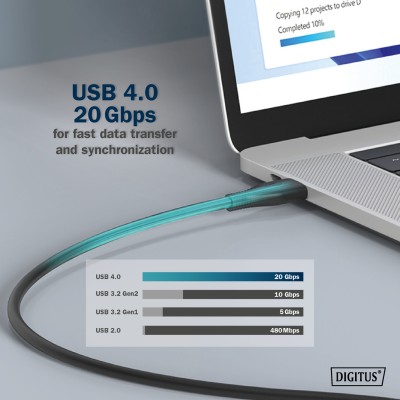 Кабель DIGITUS USB-C заряджання/синхронізації, USB 4.0 Gen 2, 20G, 240W, 8K, силіконовий, 2м, чорний (AK-300344-020-S)