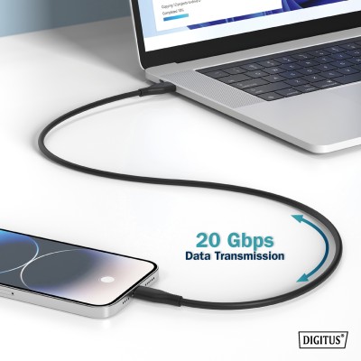 Кабель DIGITUS USB-C заряджання/синхронізації, USB 4.0 Gen 2, 20G, 240W, 8K, силіконовий, 2м, чорний (AK-300344-020-S)