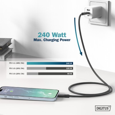 Кабель DIGITUS USB-C заряджання/синхронізації, USB 4.0 Gen 2, 20G, 240W, 8K, силіконовий, 2м, чорний (AK-300344-020-S)