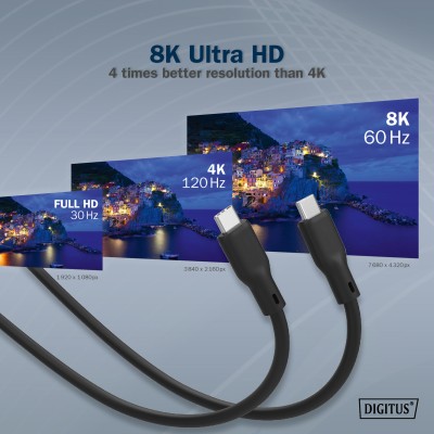 Кабель DIGITUS USB-C заряджання/синхронізації, USB 4.0 Gen 2, 20G, 240W, 8K, силіконовий, 2м, чорний (AK-300344-020-S)