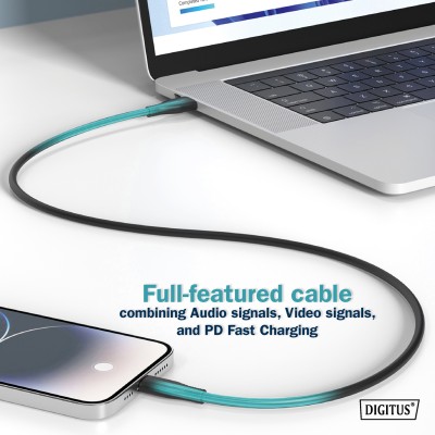 Кабель DIGITUS USB-C заряджання/синхронізації, USB 4.0 Gen 3, 40G, 240W, 8K, силіконовий, 1м, чорний (AK-300344-010-S)