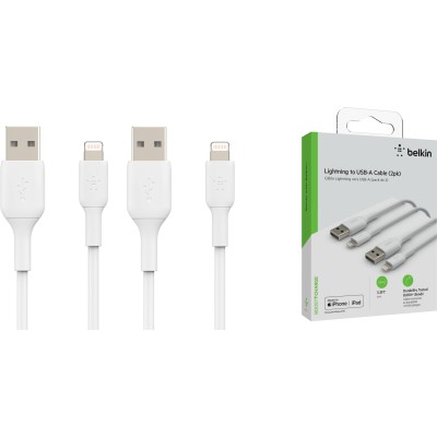 Кабель USB-A > Lightning заряджання/синхронізації Belkin 1м, 12Вт, PVC, (2 Pack), білий (CAA001BT1MWH2PK)