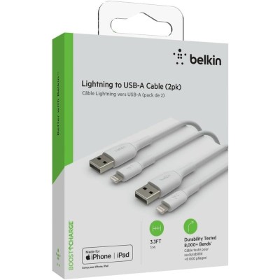 Кабель USB-A > Lightning заряджання/синхронізації Belkin 1м, 12Вт, PVC, (2 Pack), білий (CAA001BT1MWH2PK)