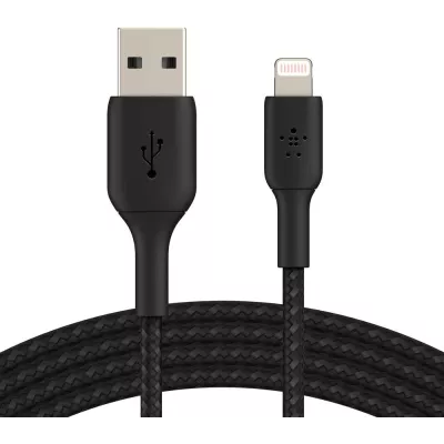 Кабель USB-A > Lightning заряджання/синхронізації Belkin 1м, 12Вт, плетений, чорний (CAA002BT1MBK)