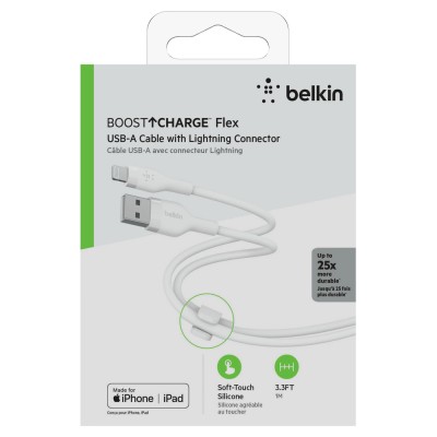Кабель USB-A > Lightning заряджання/синхронізації Belkin 1м, силіконовий з кліпсою, білий (CAA008BT1MWH)